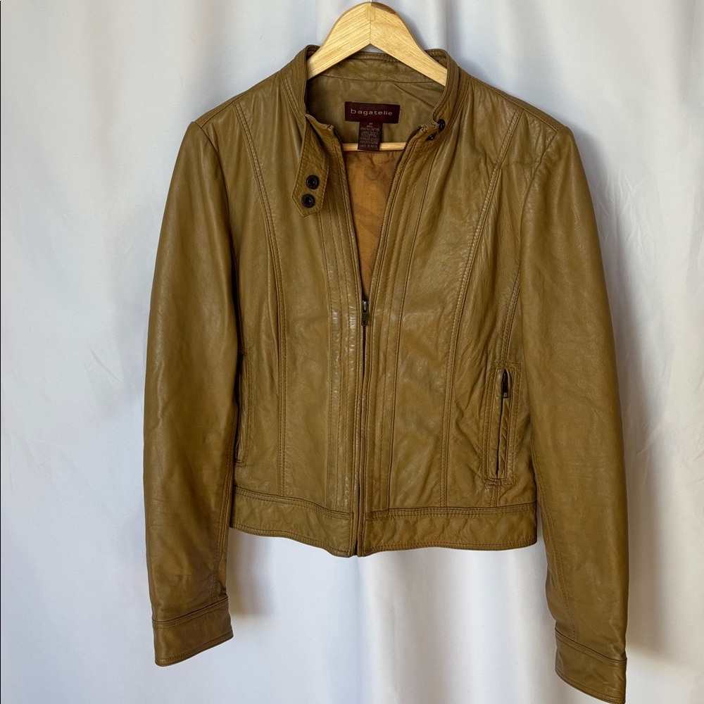 Bagatelle Women's Tan Leather Racer Designer Jacket Size M EUC